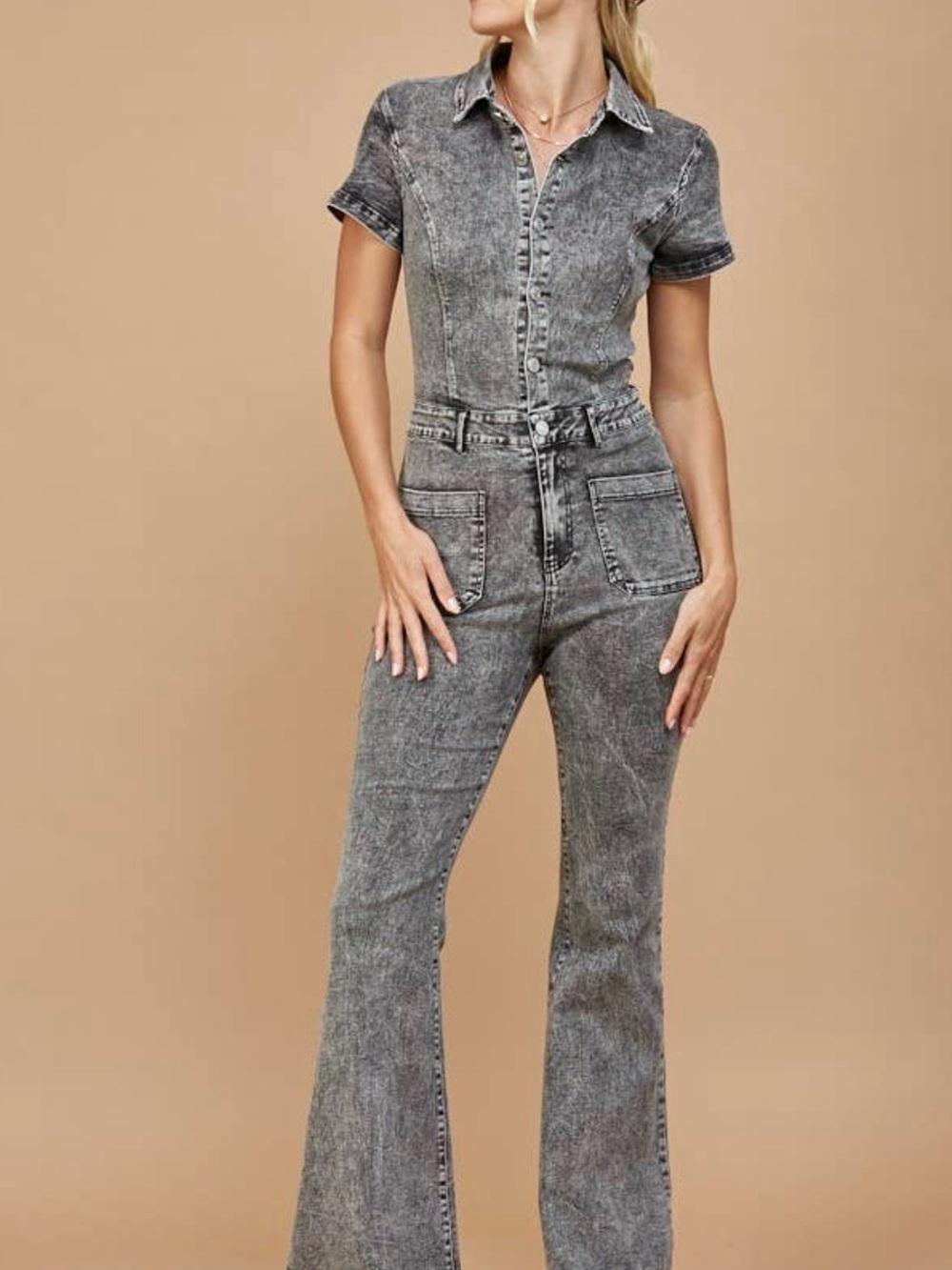 Washed Gray Denim Short-Sleeve Jumpsuit with Flared Legs